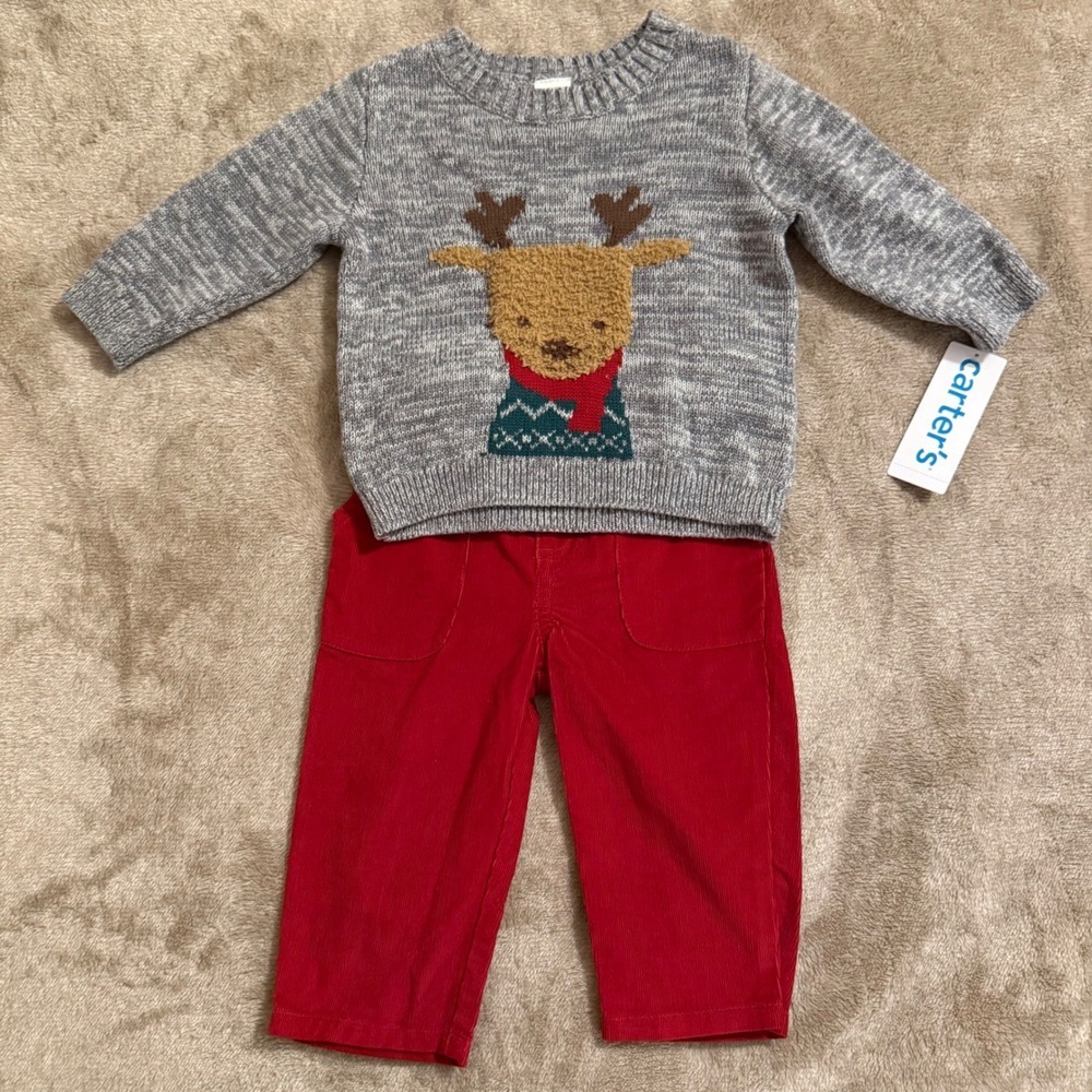 Carters Baby Boys 6M Reindeer Sweater and Red Corduroy Pants 2-Piece Set NWT